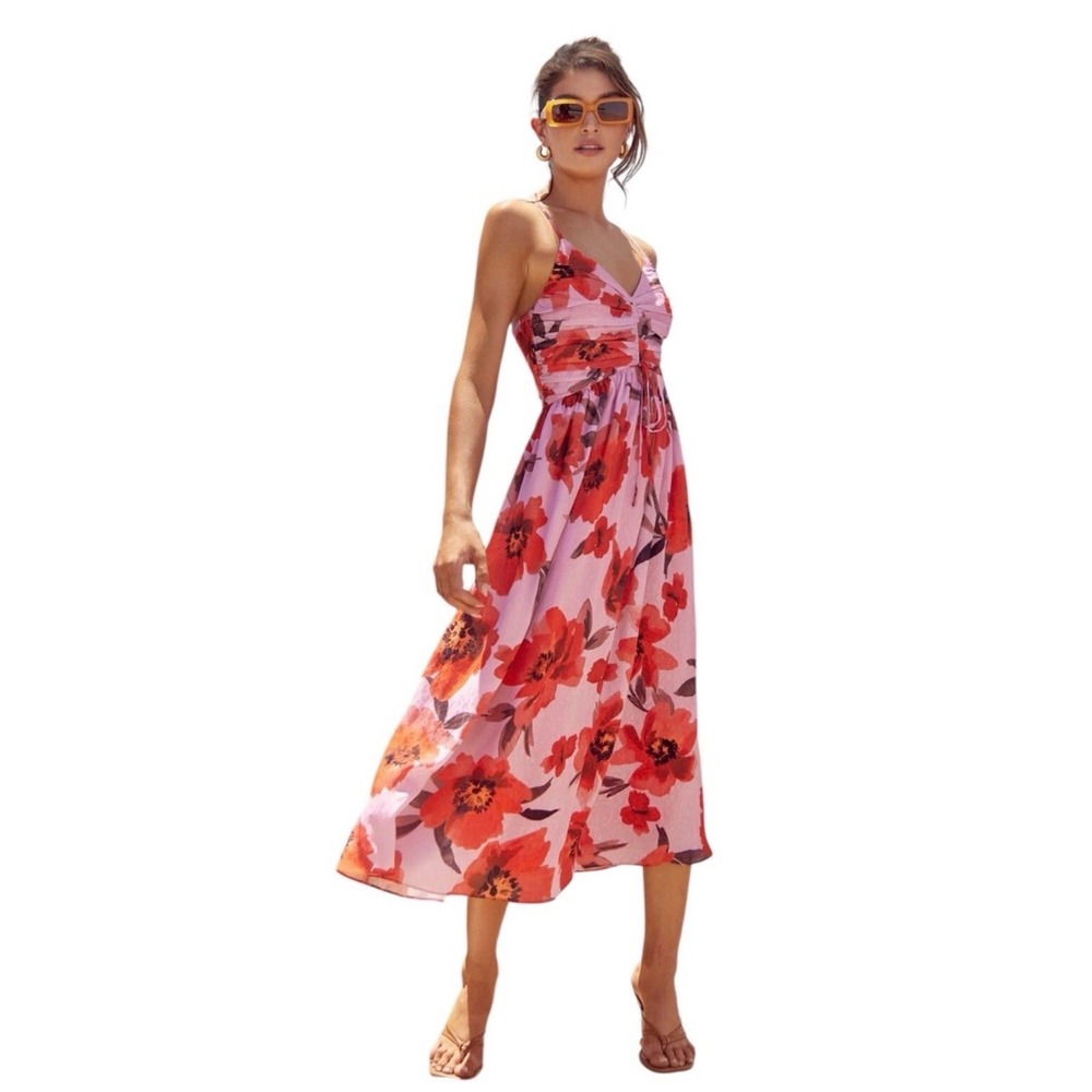 Adelyn Rae Floral Midi Dress Womens Medium Pink Red Excellent Summer Boho
